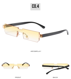Detailed views of rimless rectangle sunglasses with yellow-orange gradient lenses