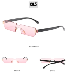 Detailed view of pink rimless rectangle sunglasses with stepped lens notch and black temples