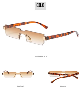 Detailed views of rimless rectangular sunglasses with brown gradient lenses and tortoise arms