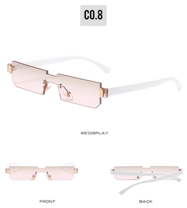 Three-way view of rimless rectangle sunglasses with pink gradient lenses and white temples
