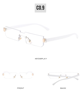Three-way view of futuristic rimless rectangular sunglasses with gold hinge details