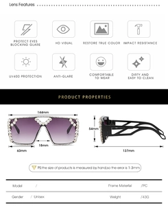 Detailed size specifications and lens features of oversized diamond studded sunglasses