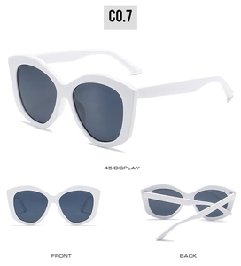 Vue à trois directions de lunettes de soleil œil de chat blanches avec verres anti-UV gris