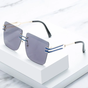Modern oversized rimless square sunglasses with gold metal frame and grey lenses