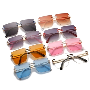 Collection of oversized rimless square sunglasses with colorful lenses and gold double-bridge