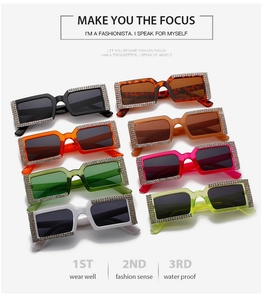 Detailed grid of vintage rectangular rhinestone sunglasses in eight vibrant colors