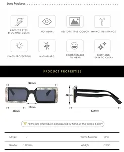 Size chart showing lens width 50mm and 142mm frame for rhinestone sunglasses