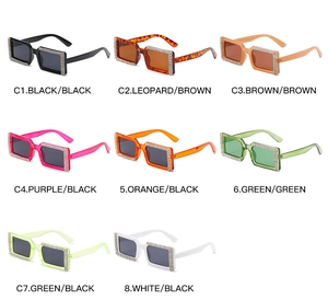 Detail showing eight color options of rectangular rhinestone sunglasses in a flat lay view