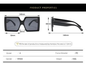 Detailed size chart showing 145mm width and 43g weight for black square sunglasses