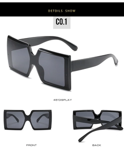 Detailed views of square frame sunglasses with black glossy finish and dark lenses