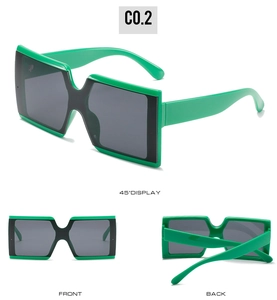 Detailed views of oversized square green sunglasses with dark lenses and glossy frames