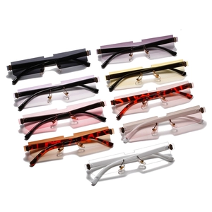 Collection of narrow rectangular rimless sunglasses with metal temples in multiple colors
