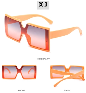 Detail view of large square orange sunglasses with gradient lenses in three angles