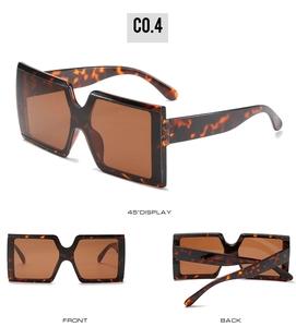 Three-view display of square tortoiseshell sunglasses with brown lenses in 45°, front and back