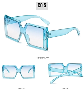 Detailed views of cyan-blue oversized square sunglasses with gradient blue lenses