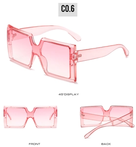 Three-angle display of pink square frame sunglasses with gradient lenses in jelly color