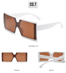 Multi-angle view of white square sunglasses with brown lenses from front back and 45-degree