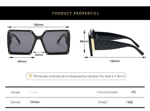 Detail of square black sunglasses featuring quilted temple texture and gold metal studs
