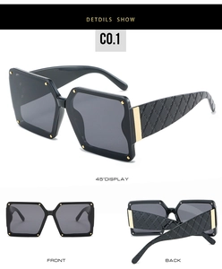 Detailed views of square sunglasses with gold rivets and quilted texture temples