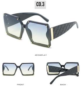 Three views of black square sunglasses with blue-yellow gradient lenses and gold rivets