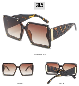 Tortoiseshell square sunglasses with gold rivets and textured temples in triple view