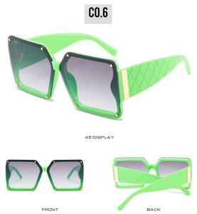 Three-angle views of square sunglasses featuring green frames with gradient grey lenses