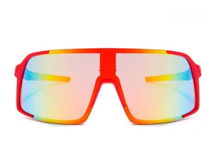 Close-up of sporty red frame sunglasses with vibrant multicolor gradient mirror lenses