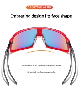 Front view of professional cycling glasses with red frame and blue polarized lenses