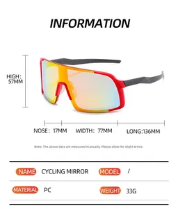 Detailed technical diagram of cycling sunglasses with PC material and frame dimensions