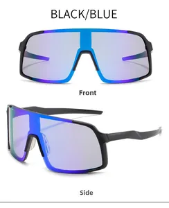 Front and side views of matte black cycling sunglasses with blue-purple mirrored lenses