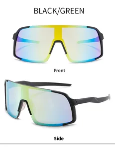 Detail of professional sports cycling sunglasses with black frame and green rainbow lenses