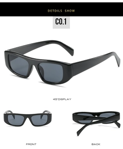 Mehrfachansichten der schwarzen quadratischen Sonnenbrille mit dunkelgrauen UV-Gläsern