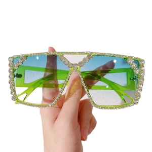 Oversized square sunglasses with neon green frame and crystal rhinestones