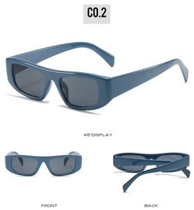 Detailansichten der dunkelblauen eckigen Sonnenbrille in Front-, Rück- und 45-Grad-Ansicht