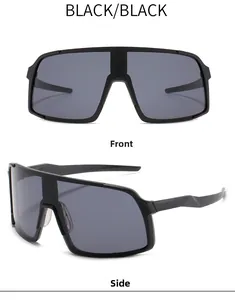 Front and side views of black oversized sports cycling sunglasses with wrap-around lens
