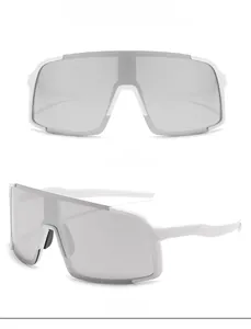 Front and side views of white cycling sunglasses with silver mirrored lenses