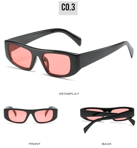 Drei Ansichten einer schwarzen quadratischen Sonnenbrille mit rosa Gläsern aus Winkeln
