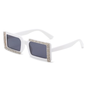 Stylish white rectangle sunglasses with luxury rhinestone crystals and grey lenses