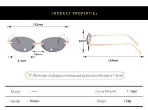Detailspezifikationen der randlosen ovalen Sonnenbrille mit Nieten und Metallrahmenmaßen