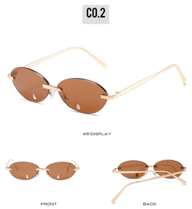 Drei-Sichten-Detail einer randlosen Tropfen-Sonnenbrille mit braunen Gläsern und Kristallen