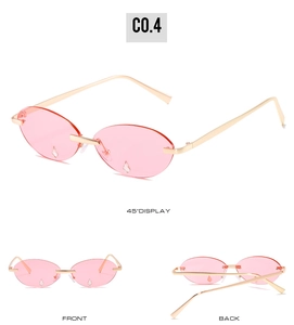 Drei Ansichten einer rosafarbenen randlosen Tropfen-Sonnenbrille mit goldener Fassung