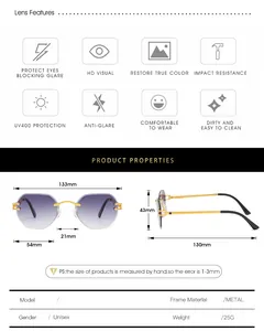 Detailed size specifications and technical dimensions for rimless polygon sunglasses