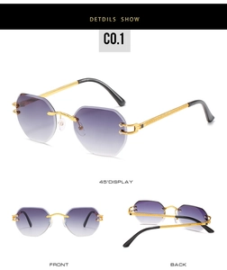 Three views showing rimless octagonal purple gradient lenses and gold woven metal temples