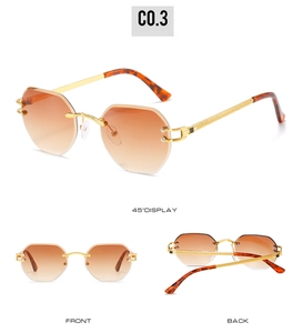 Detailed multi-angle display of rimless octagon sunglasses with brown gradient lenses