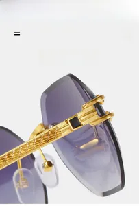 Macro shot of gold metal temples with grid texture and purple gradient rimless lens