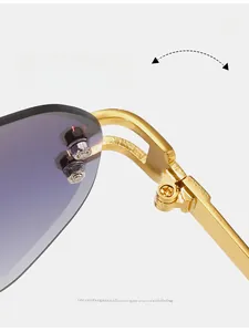 Close-up of durable golden metal hinge on rimless sunglasses with purple gradient lenses