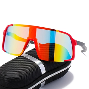 Outdoor sports cycling sunglasses with red frame and rainbow mirror lenses on a case