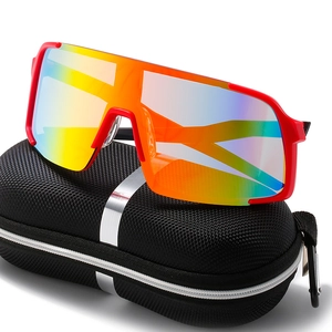 Red sports cycling sunglasses with rainbow lens and black textured hard protective case