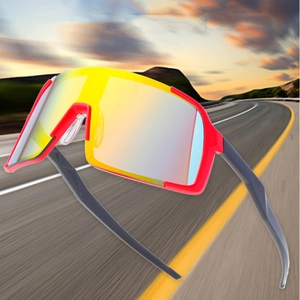Outdoor sports cycling sunglasses with red frame and orange gradient mirrored lenses