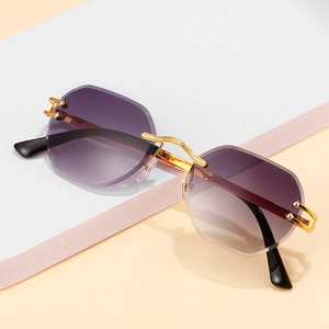 Frameless geometric sunglasses with purple gradient lenses and gold metal frames